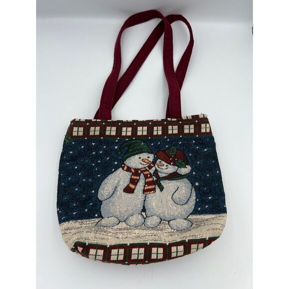 Festive Snowman Winter Holiday Tapestry Tote Bag with Burgundy Straps VINTAGE - Picture 2 of 6